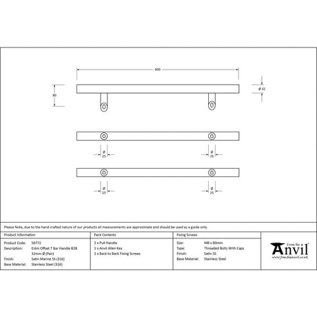 This is an image showing From The Anvil - Satin Marine SS (316) 0.6m Offset T Bar Handle B2B 32mm Ø available from trade door handles, quick delivery and discounted prices