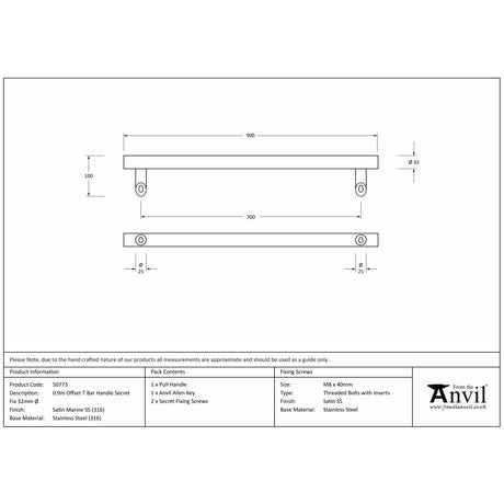 This is an image showing From The Anvil - Satin Marine SS (316) 0.9m Offset T Bar Handle Secret Fix 32mm available from trade door handles, quick delivery and discounted prices