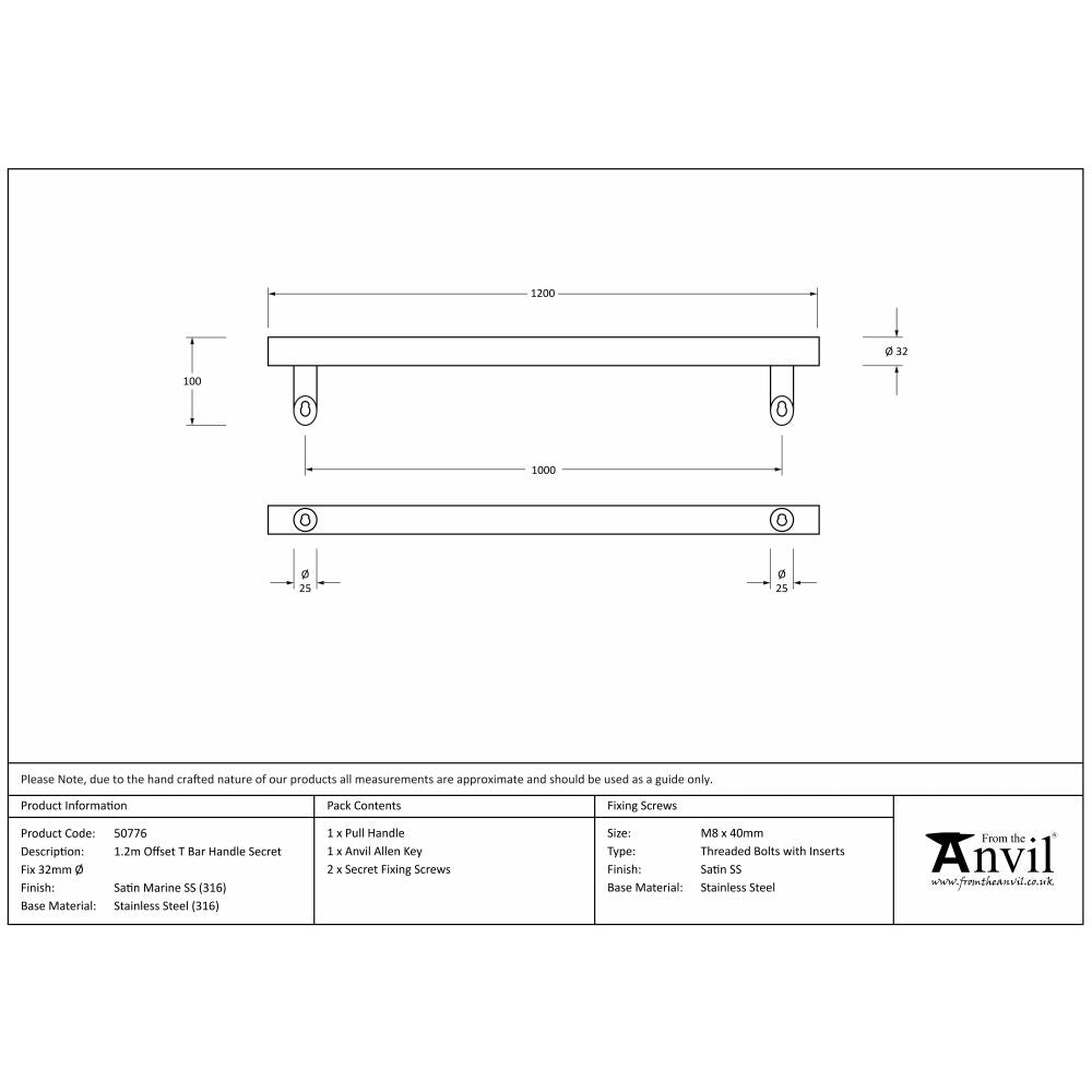 This is an image showing From The Anvil - Satin Marine SS (316) 1.2m Offset T Bar Handle Secret Fix 32mm available from trade door handles, quick delivery and discounted prices