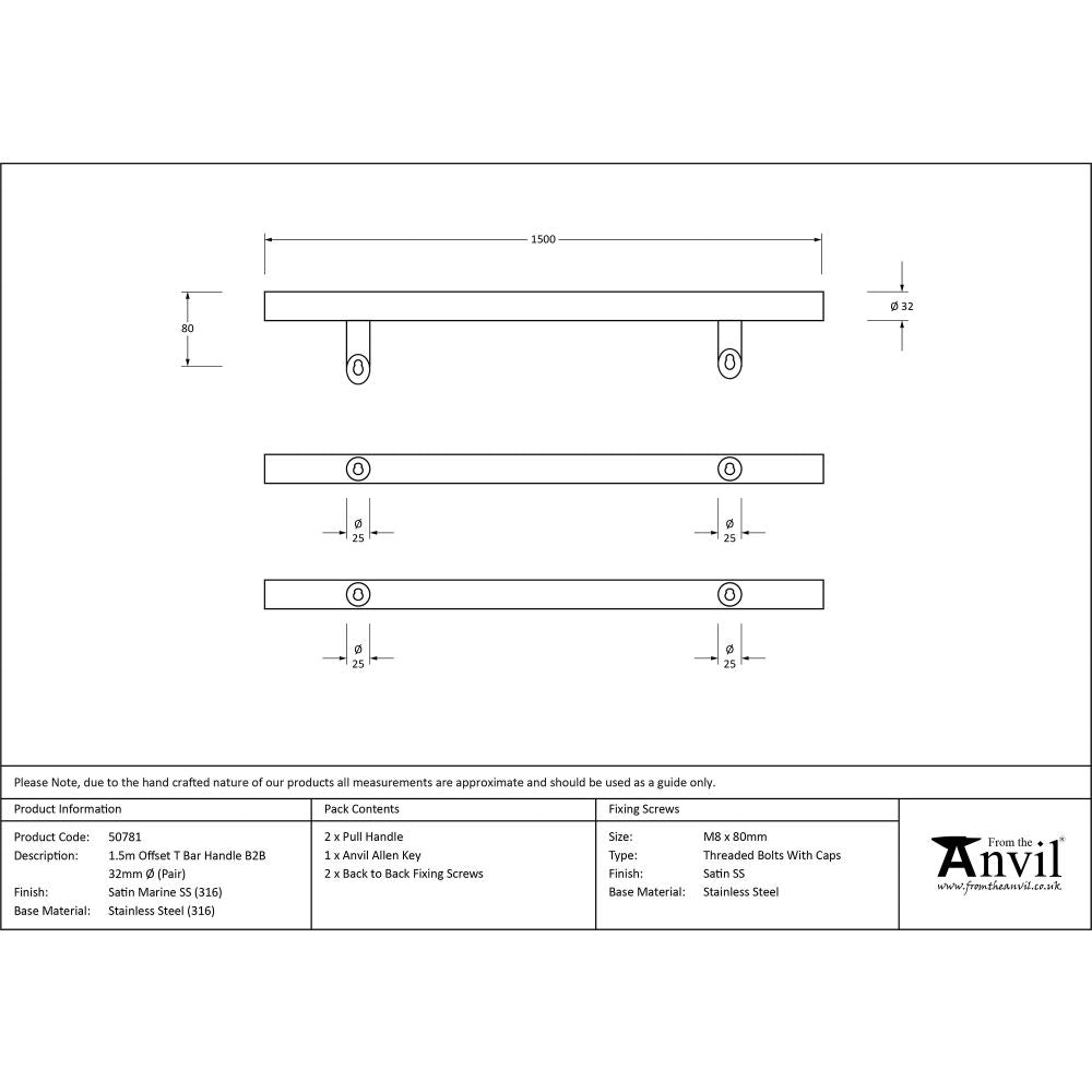 This is an image showing From The Anvil - Satin Marine SS (316) 1.5m Offset T Bar Handle B2B 32mm Ø available from trade door handles, quick delivery and discounted prices