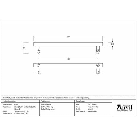 This is an image showing From The Anvil - Satin Marine SS (316) 1.8m Offset T Bar Handle Bolt Fix 32mm Ø available from trade door handles, quick delivery and discounted prices