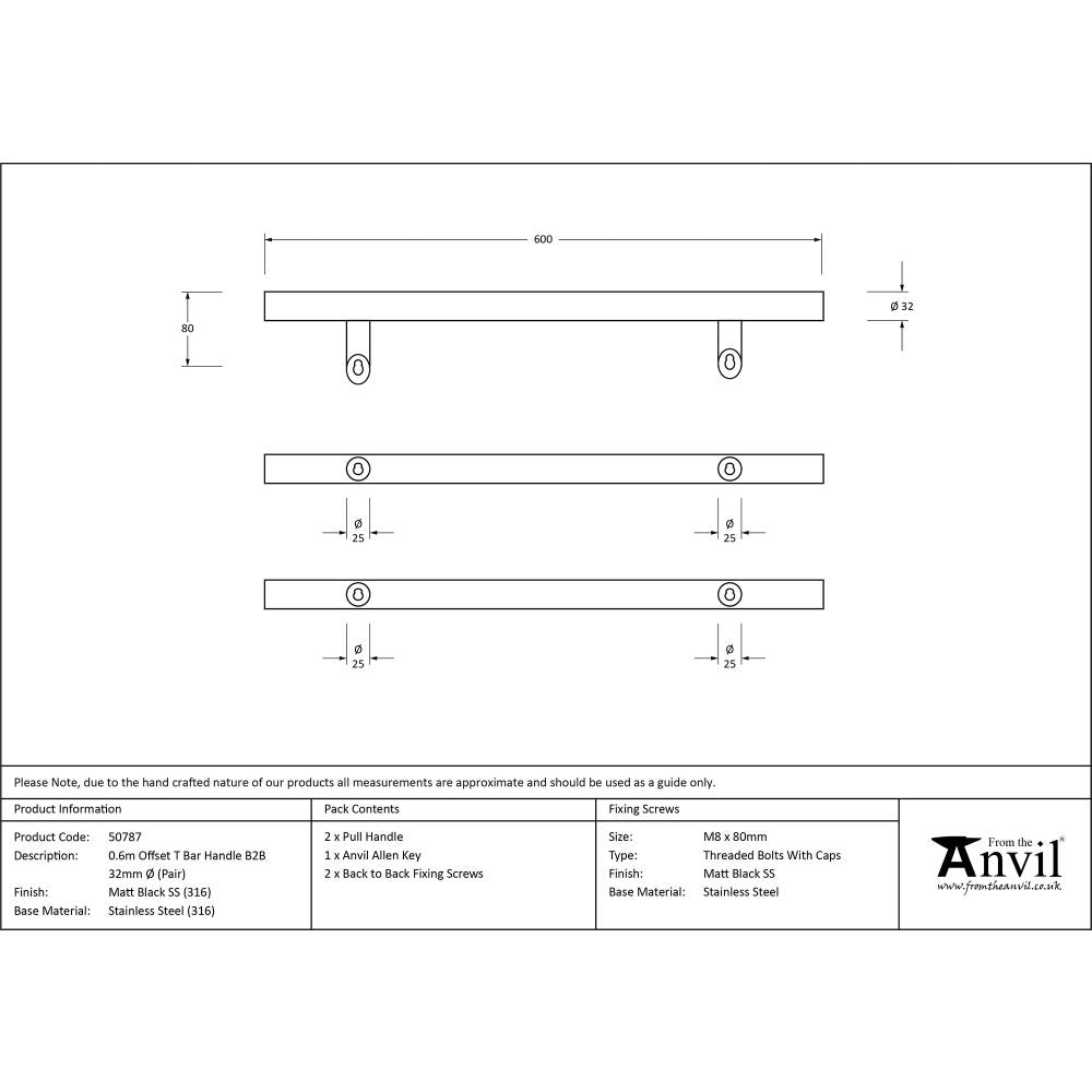 This is an image showing From The Anvil - Matt Black (316) 0.6m Offset T Bar Handle B2B 32mm Ø available from trade door handles, quick delivery and discounted prices