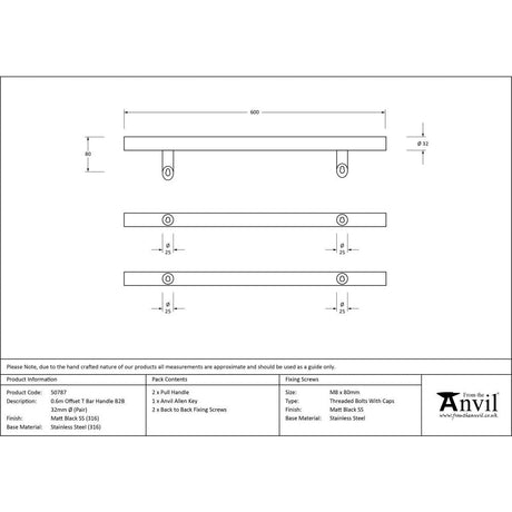 This is an image showing From The Anvil - Matt Black (316) 0.6m Offset T Bar Handle B2B 32mm Ø available from trade door handles, quick delivery and discounted prices