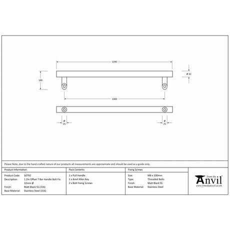 This is an image showing From The Anvil - Matt Black (316) 1.2m Offset T Bar Handle Bolt Fix 32mm Ø available from trade door handles, quick delivery and discounted prices