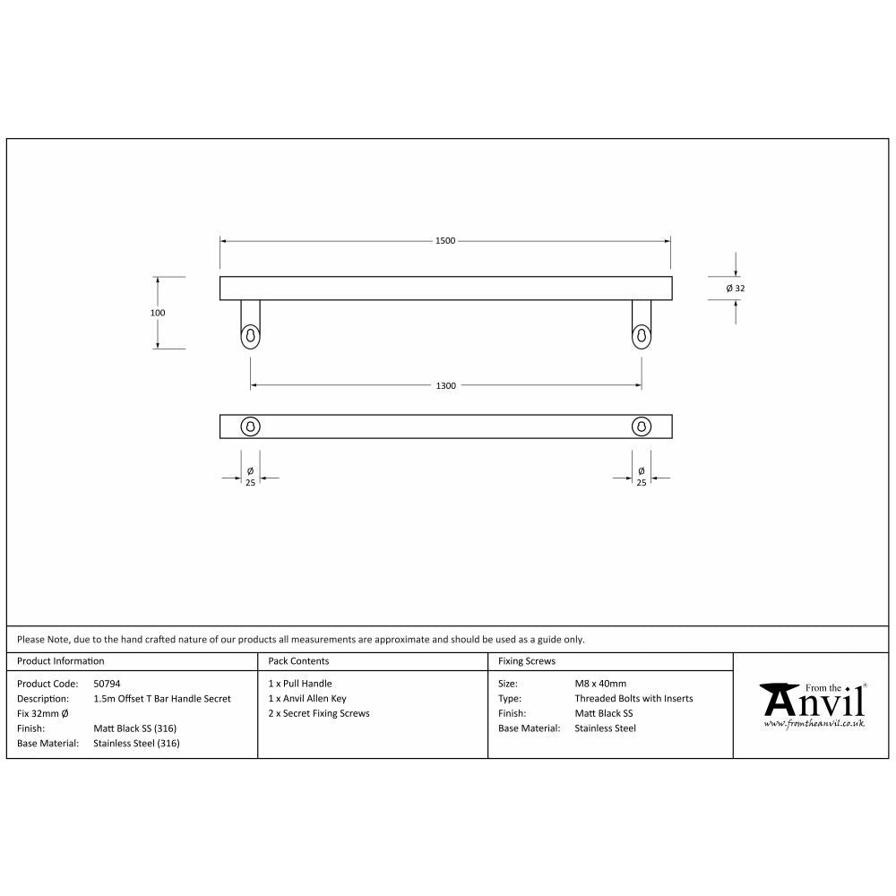This is an image showing From The Anvil - Matt Black (316) 1.5m Offset T Bar Handle Secret Fix 32mm Ø available from trade door handles, quick delivery and discounted prices