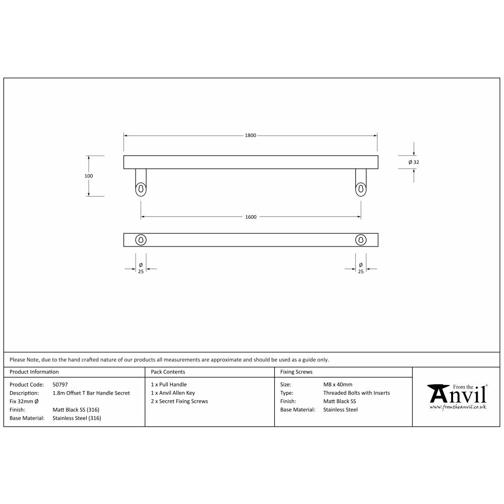 This is an image showing From The Anvil - Matt Black (316) 1.8m Offset T Bar Handle Secret Fix 32mm Ø available from trade door handles, quick delivery and discounted prices