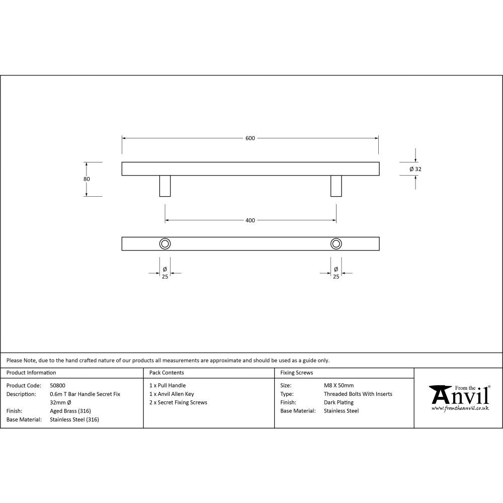 This is an image showing From The Anvil - Aged Brass (316) 0.6m T Bar Handle Secret Fix 32mm Ø available from trade door handles, quick delivery and discounted prices