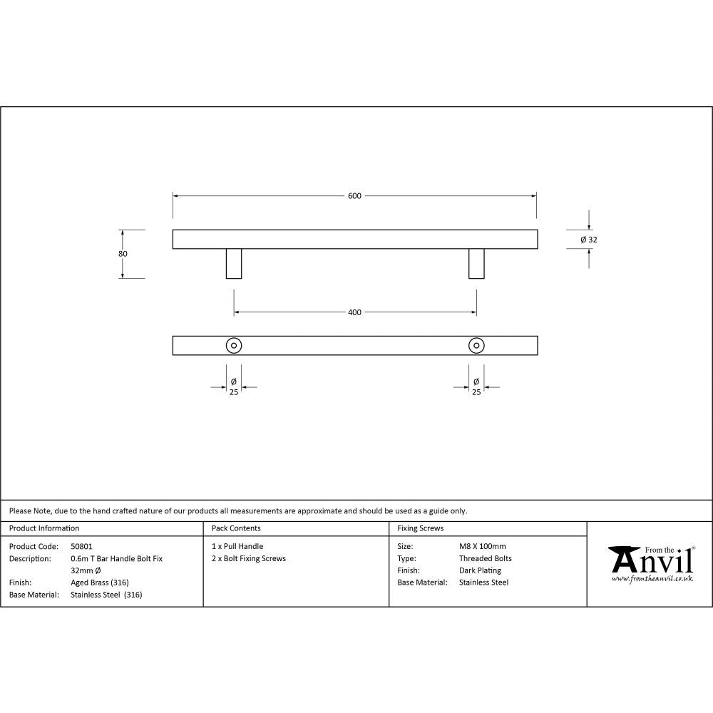 This is an image showing From The Anvil - Aged Brass (316) 0.6m T Bar Handle Bolt Fix 32mm Ø available from trade door handles, quick delivery and discounted prices