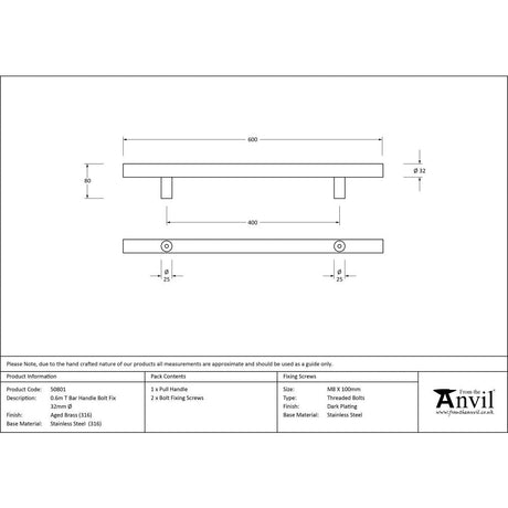 This is an image showing From The Anvil - Aged Brass (316) 0.6m T Bar Handle Bolt Fix 32mm Ø available from trade door handles, quick delivery and discounted prices