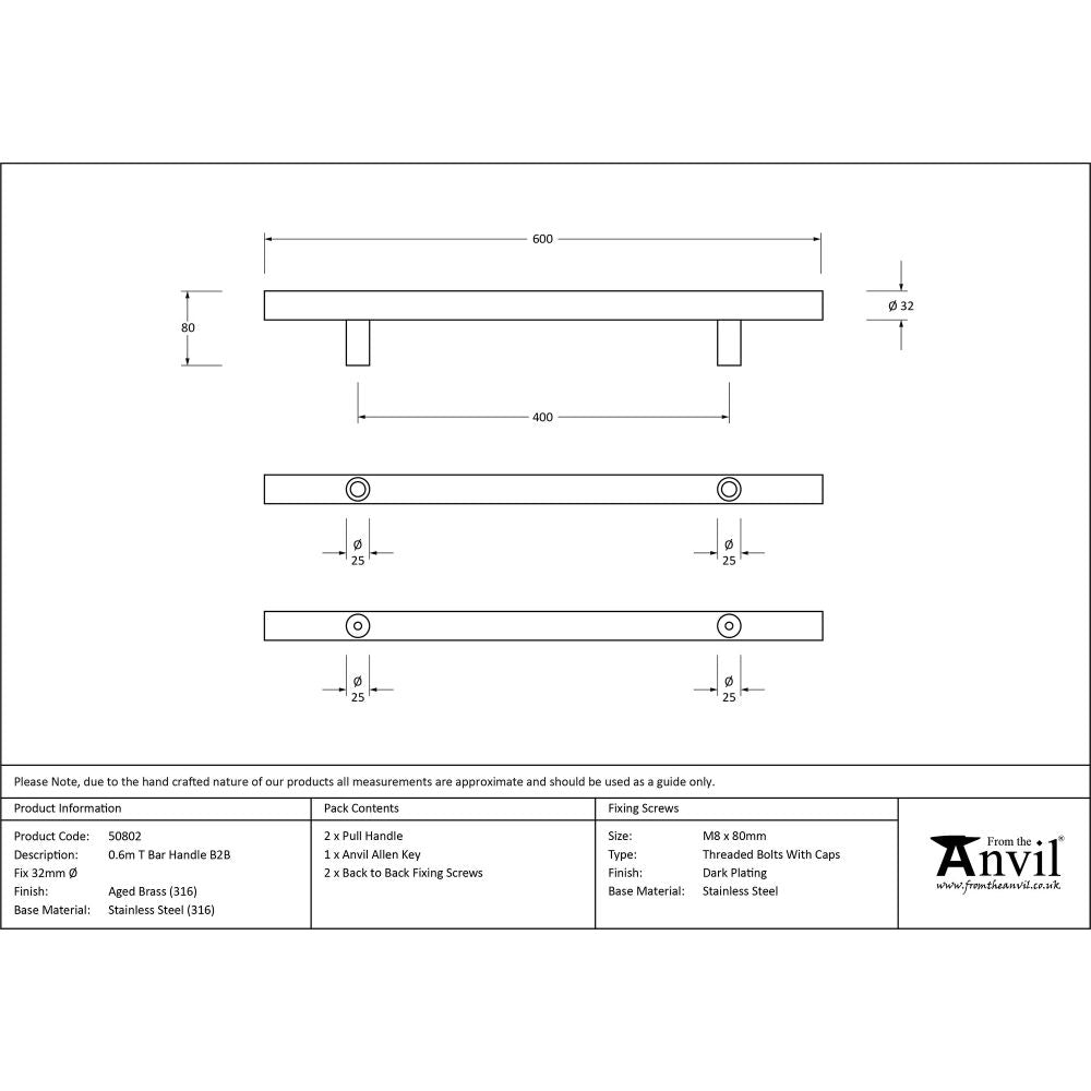 This is an image showing From The Anvil - Aged Brass (316) 0.6m T Bar Handle B2B 32mm Ø available from trade door handles, quick delivery and discounted prices