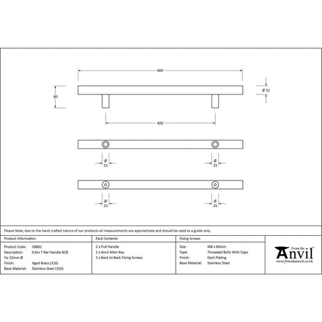 This is an image showing From The Anvil - Aged Brass (316) 0.6m T Bar Handle B2B 32mm Ø available from trade door handles, quick delivery and discounted prices