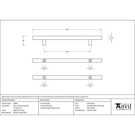 This is an image showing From The Anvil - Aged Brass (316) 0.9m T Bar Handle B2B 32mm Ø available from trade door handles, quick delivery and discounted prices