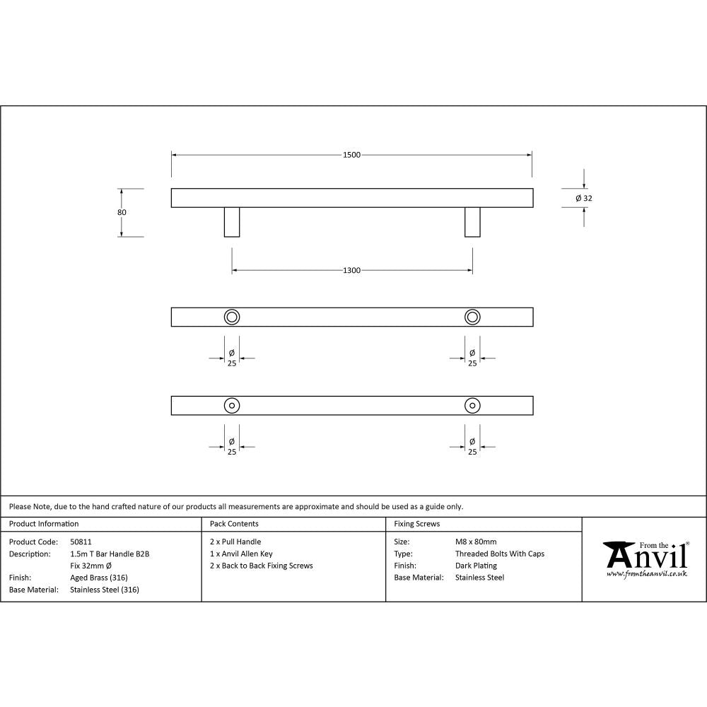 This is an image showing From The Anvil - Aged Brass (316) 1.5m T Bar Handle B2B 32mm Ø available from trade door handles, quick delivery and discounted prices