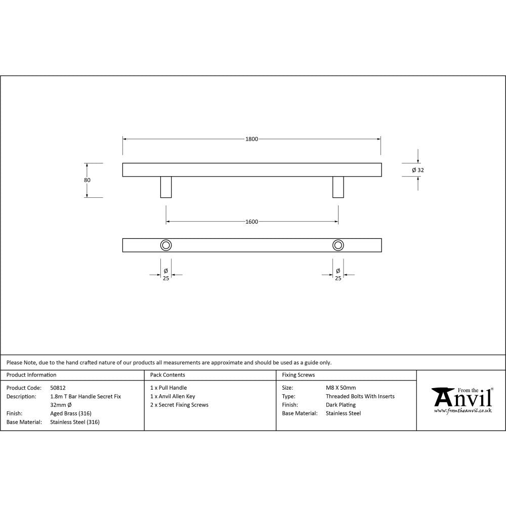 This is an image showing From The Anvil - Aged Brass (316) 1.8m T Bar Handle Secret Fix 32mm Ø available from trade door handles, quick delivery and discounted prices