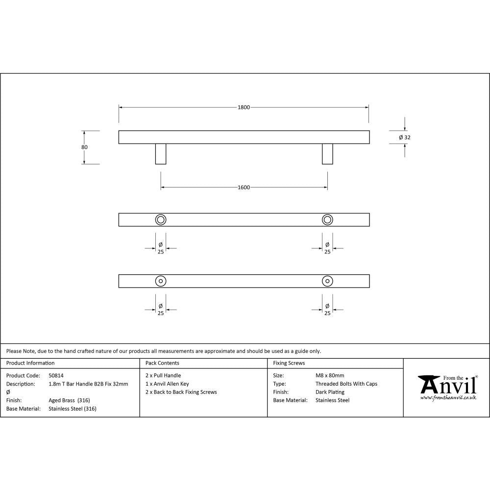 This is an image showing From The Anvil - Aged Brass (316) 1.8m T Bar Handle B2B 32mm Ø available from trade door handles, quick delivery and discounted prices