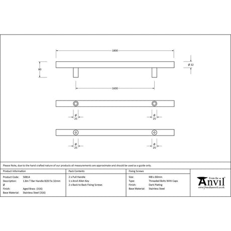 This is an image showing From The Anvil - Aged Brass (316) 1.8m T Bar Handle B2B 32mm Ø available from trade door handles, quick delivery and discounted prices