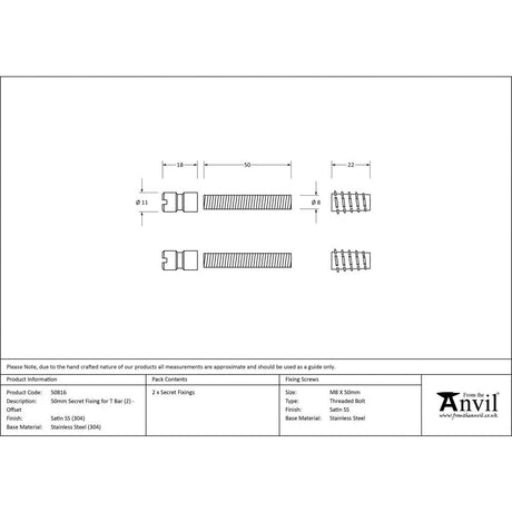 This is an image showing From The Anvil - Satin SS (304) 50mm Secret Fixings for T Bar (2) - Offset available from trade door handles, quick delivery and discounted prices