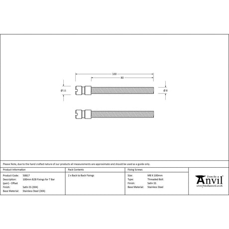 This is an image showing From The Anvil - Satin SS (304) 100mm Back to Back Fixings for T Bar (2) - Offse available from trade door handles, quick delivery and discounted prices