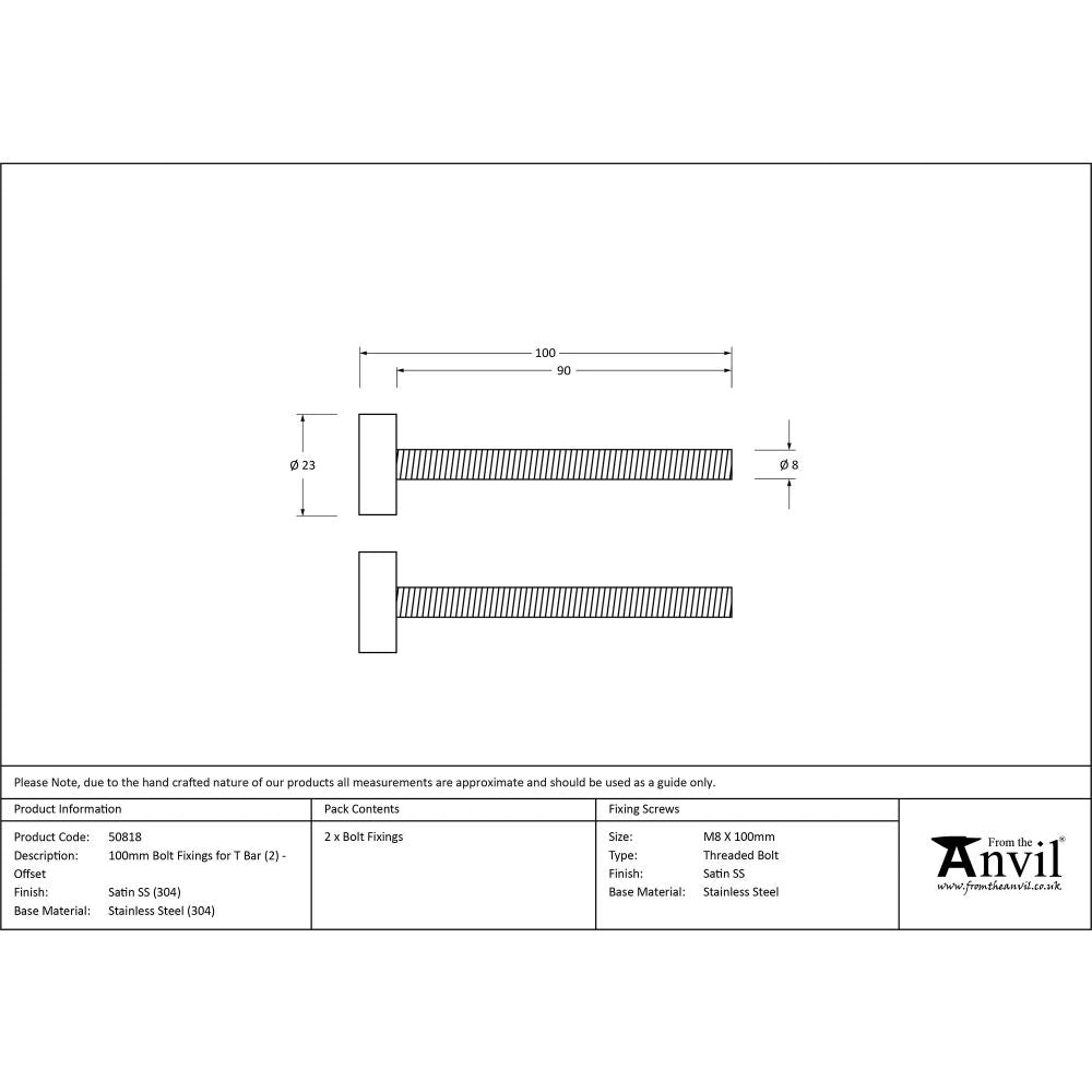 This is an image showing From The Anvil - Satin SS (304) 100mm Bolt Fixings for T Bar (2) - Offset available from trade door handles, quick delivery and discounted prices