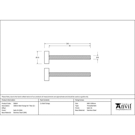 This is an image showing From The Anvil - Satin SS (304) 100mm Bolt Fixings for T Bar (2) - Offset available from trade door handles, quick delivery and discounted prices