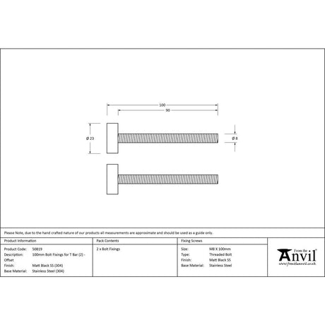 This is an image showing From The Anvil - Matt Black SS (304) 100mm Bolt Fixings for T Bar (2) - Offset available from trade door handles, quick delivery and discounted prices