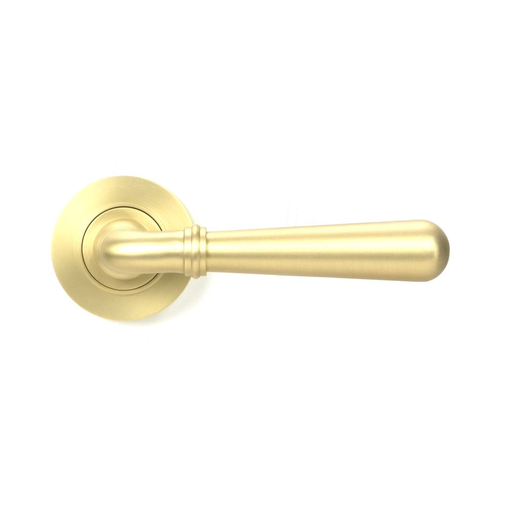This is an image showing From The Anvil - Satin Brass Newbury Lever on Rose Set (Plain) available from trade door handles, quick delivery and discounted prices