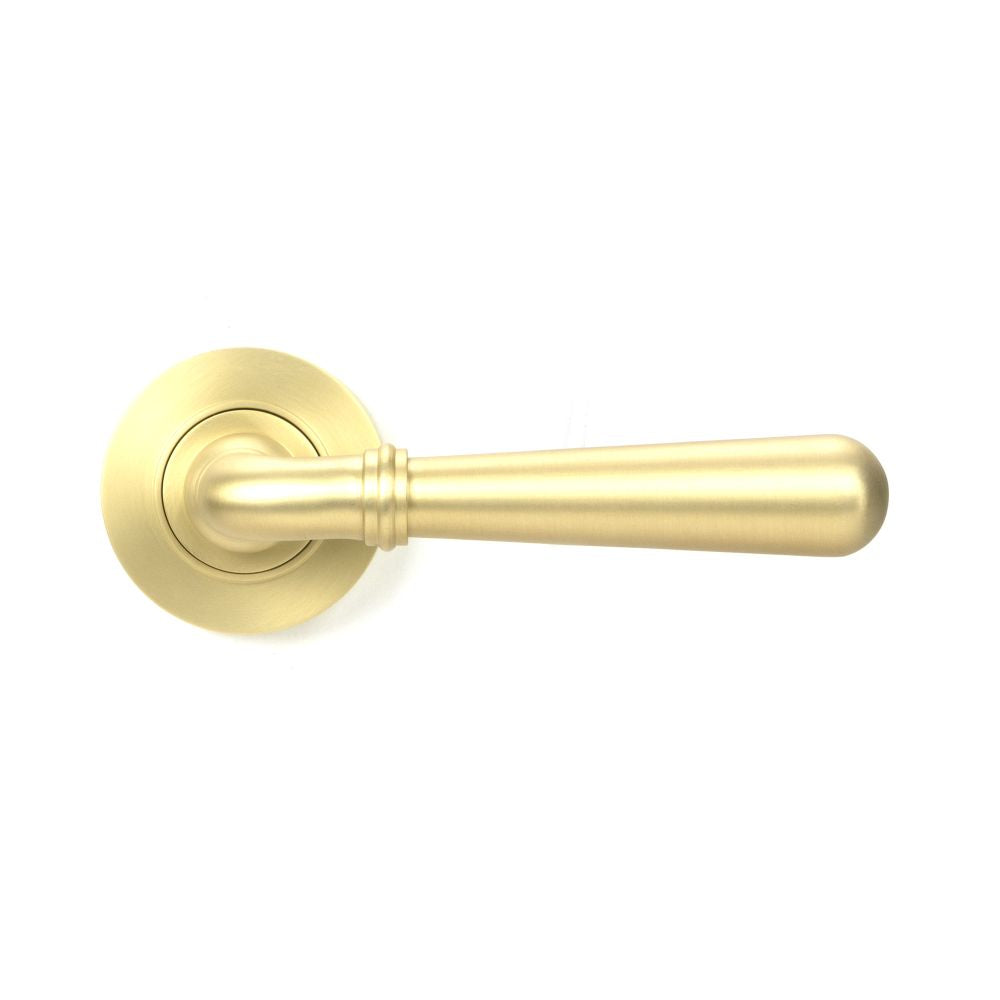 This is an image showing From The Anvil - Satin Brass Newbury Lever on Rose Set (Plain) - Unsprung available from trade door handles, quick delivery and discounted prices