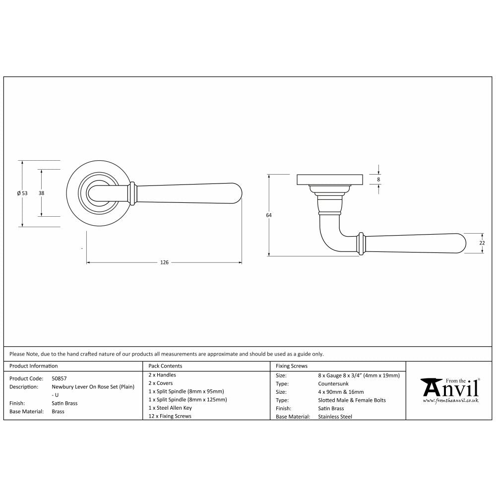 This is an image showing From The Anvil - Satin Brass Newbury Lever on Rose Set (Plain) - Unsprung available from trade door handles, quick delivery and discounted prices