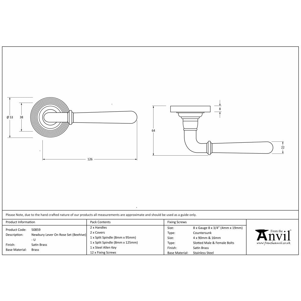 This is an image showing From The Anvil - Satin Brass Newbury Lever on Rose Set (Beehive) - Unsprung available from trade door handles, quick delivery and discounted prices