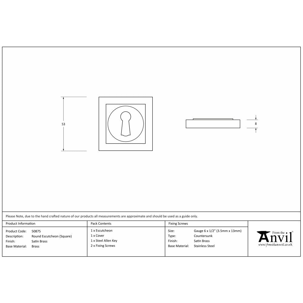 This is an image showing From The Anvil - Satin Brass Round Escutcheon (Square) available from trade door handles, quick delivery and discounted prices