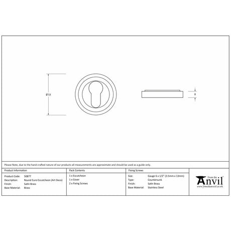 This is an image showing From The Anvil - Satin Brass Round Euro Escutcheon (Art Deco) available from trade door handles, quick delivery and discounted prices