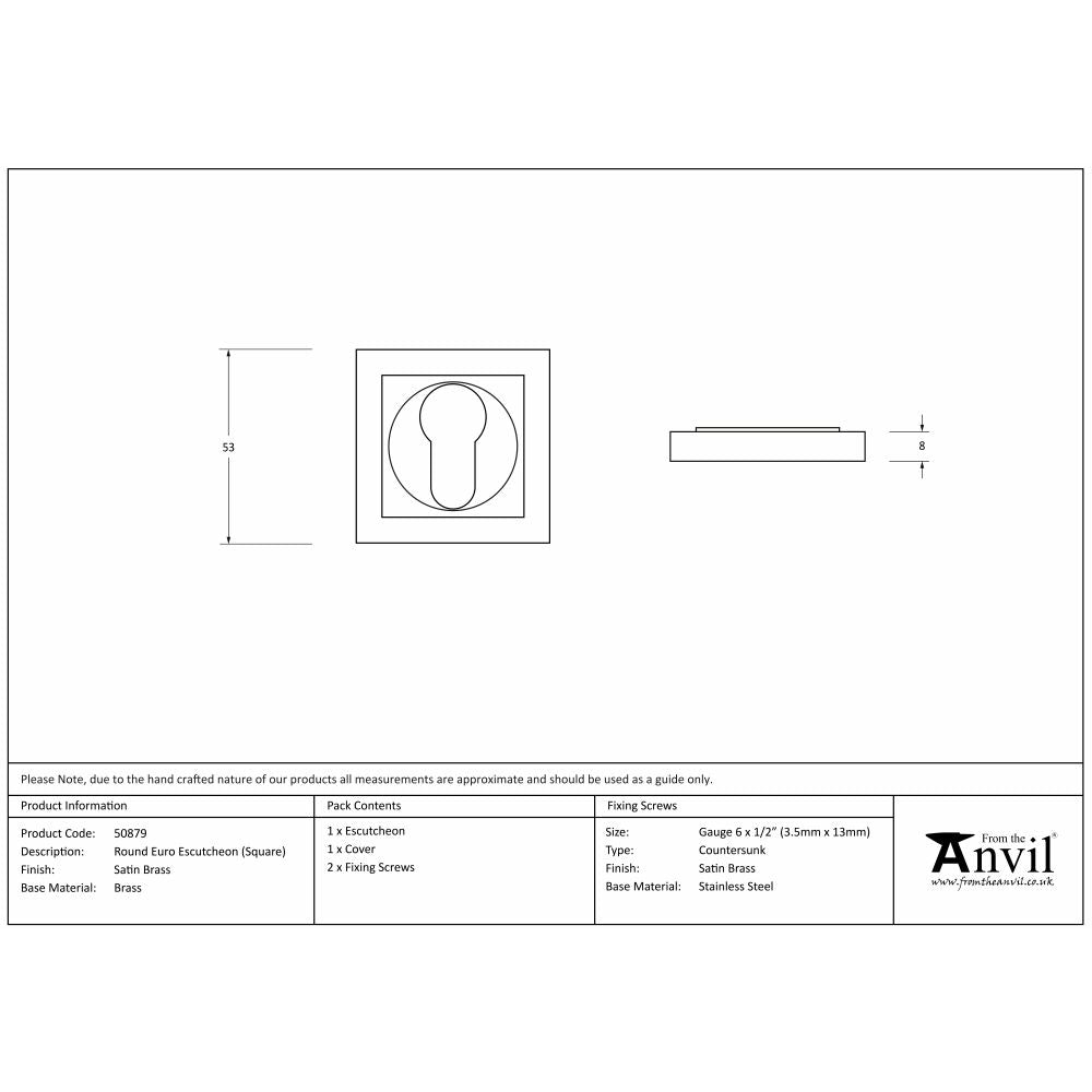 This is an image showing From The Anvil - Satin Brass Round Euro Escutcheon (Square) available from trade door handles, quick delivery and discounted prices