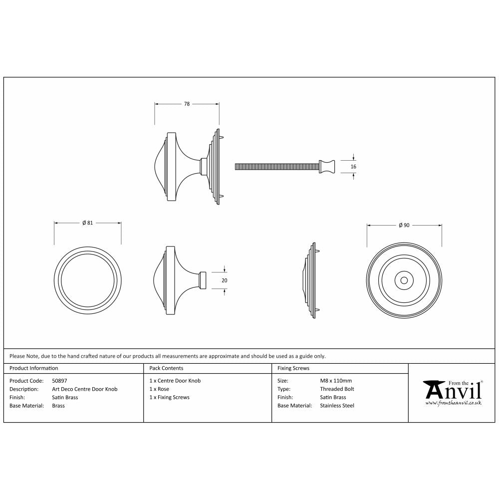 This is an image showing From The Anvil - Satin Brass Art Deco Centre Door Knob available from trade door handles, quick delivery and discounted prices