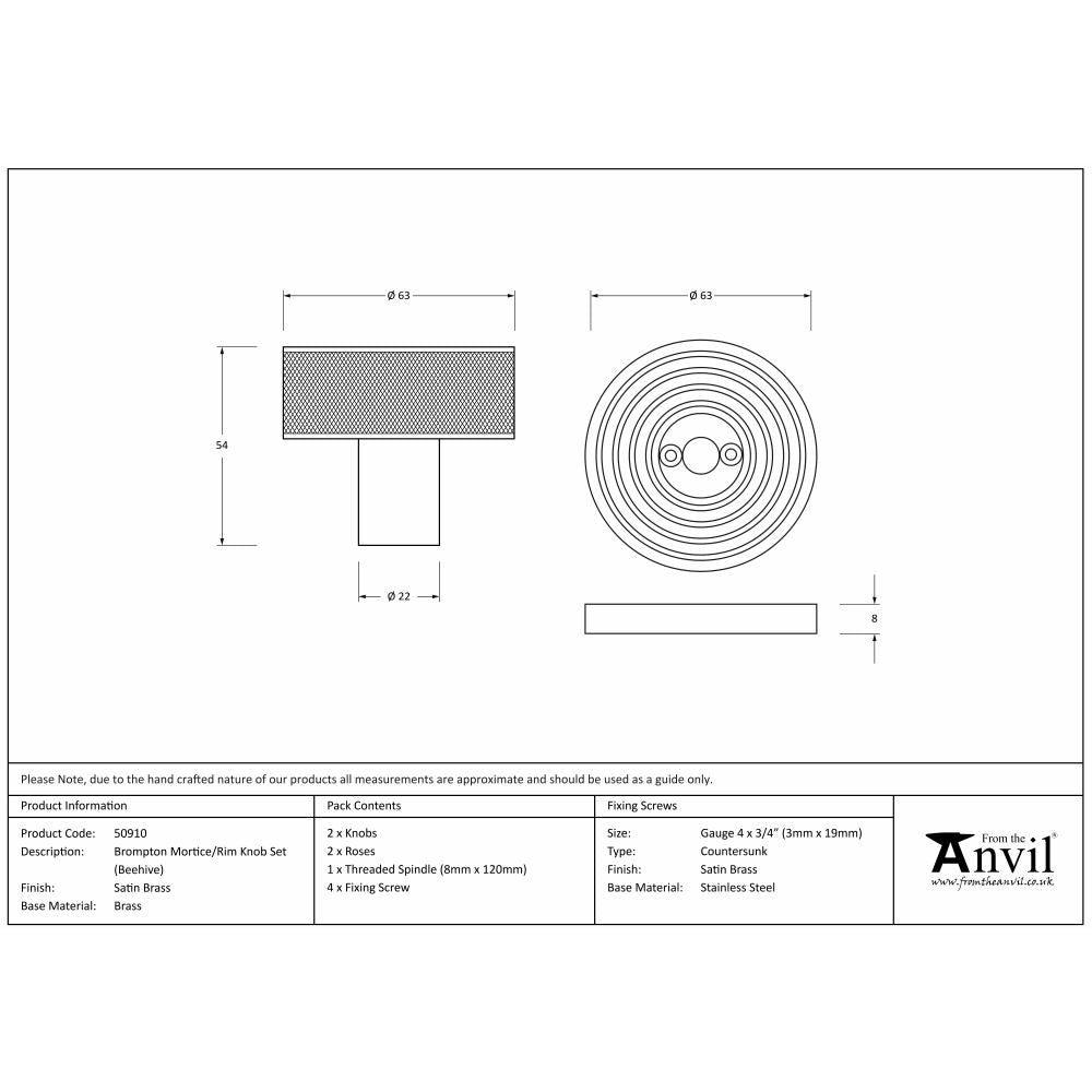 This is an image showing From The Anvil - Satin Brass Brompton Mortice/Rim Knob Set (Beehive) available from trade door handles, quick delivery and discounted prices