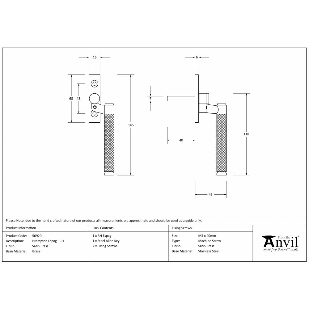 This is an image showing From The Anvil - Satin Brass Brompton Espag - RH available from T.H Wiggans Architectural Ironmongery in Kendal, quick delivery and discounted prices