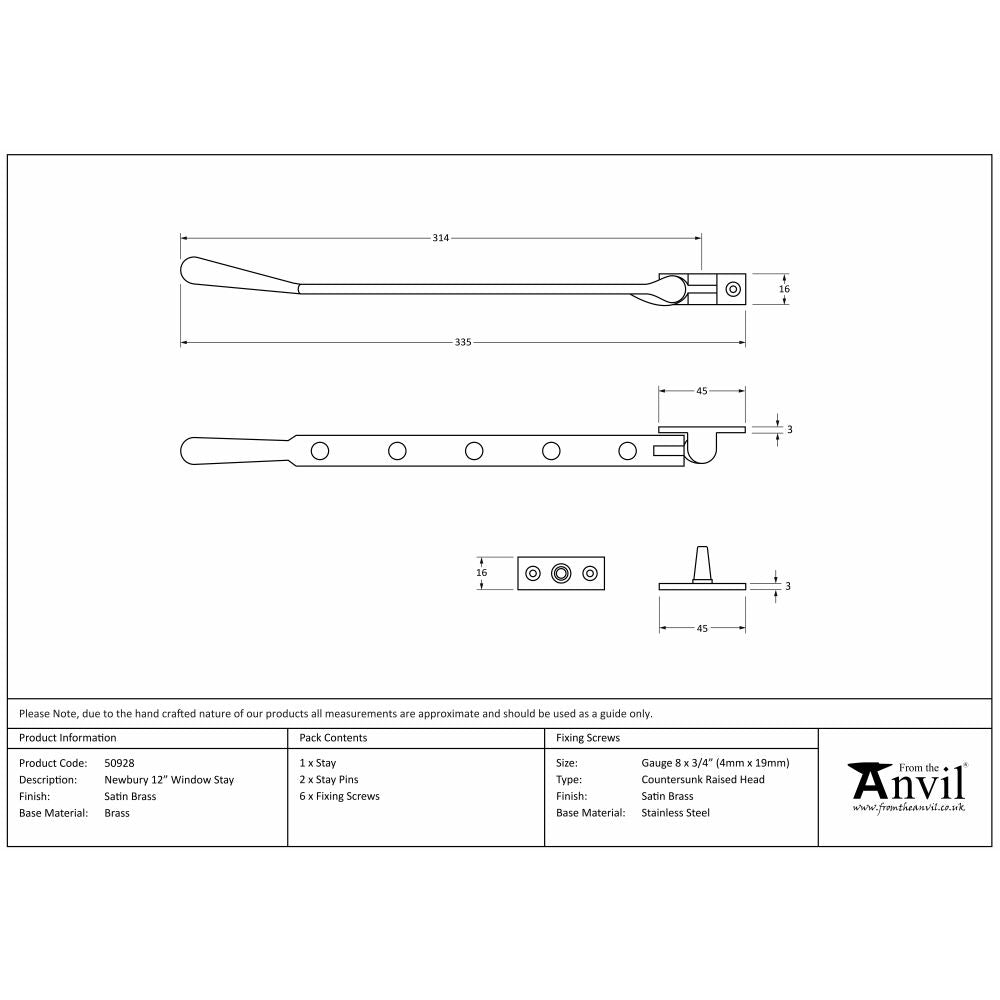 This is an image showing From The Anvil - Satin Brass 12" Newbury Stay available from T.H Wiggans Architectural Ironmongery in Kendal, quick delivery and discounted prices