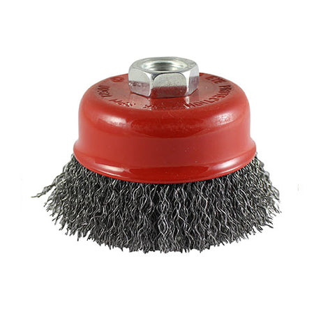 This is an image showing TIMCO Drill Cup Brush - Crimped Steel Wire - 50mm - 1 Each Blister Pack available from T.H Wiggans Ironmongery in Kendal, quick delivery at discounted prices.