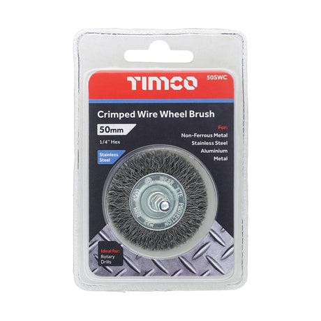 This is an image showing TIMCO Drill Wheel Brush - Crimped Steel Wire - 50mm - 1 Each Blister Pack available from T.H Wiggans Ironmongery in Kendal, quick delivery at discounted prices.