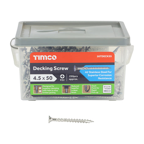 This is an image showing TIMCO Decking Screws - PZ - Double Countersunk - Stainless Steel - 4.5 x 50 - 250 Pieces Tub available from T.H Wiggans Ironmongery in Kendal, quick delivery at discounted prices.