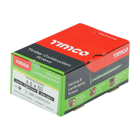 This is an image showing TIMCO Decking Screws - PZ - Double Countersunk - Exterior - Green - 4.5 x 50 - 200 Pieces Box available from T.H Wiggans Ironmongery in Kendal, quick delivery at discounted prices.