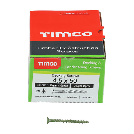 This is an image showing TIMCO Decking Screws - PZ - Double Countersunk - Exterior - Green - 4.5 x 50 - 200 Pieces Box available from T.H Wiggans Ironmongery in Kendal, quick delivery at discounted prices.