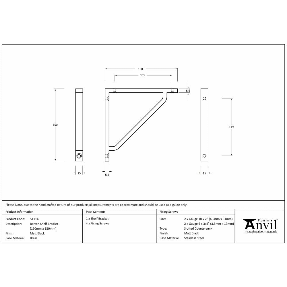 This is an image showing From The Anvil - Matt Black Barton Shelf Bracket (150mm x 150mm) available from trade door handles, quick delivery and discounted prices