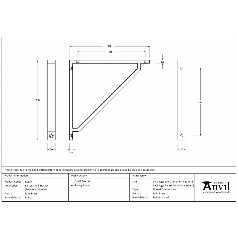 This is an image showing From The Anvil - Satin Brass Barton Shelf Bracket (200mm x 200mm) available from trade door handles, quick delivery and discounted prices