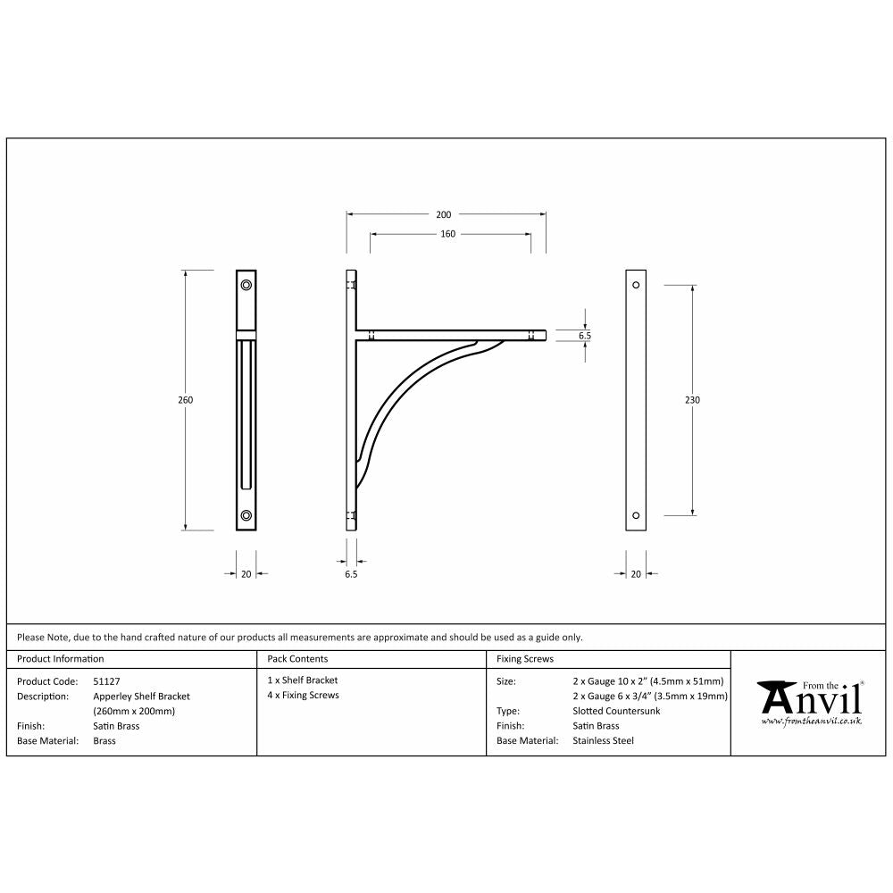 This is an image showing From The Anvil - Satin Brass Apperley Shelf Bracket (260mm x 200mm) available from trade door handles, quick delivery and discounted prices