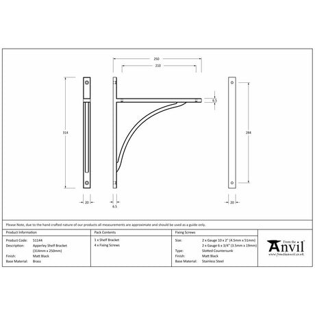 This is an image showing From The Anvil - Matt Black Apperley Shelf Bracket (314mm x 250mm) available from trade door handles, quick delivery and discounted prices