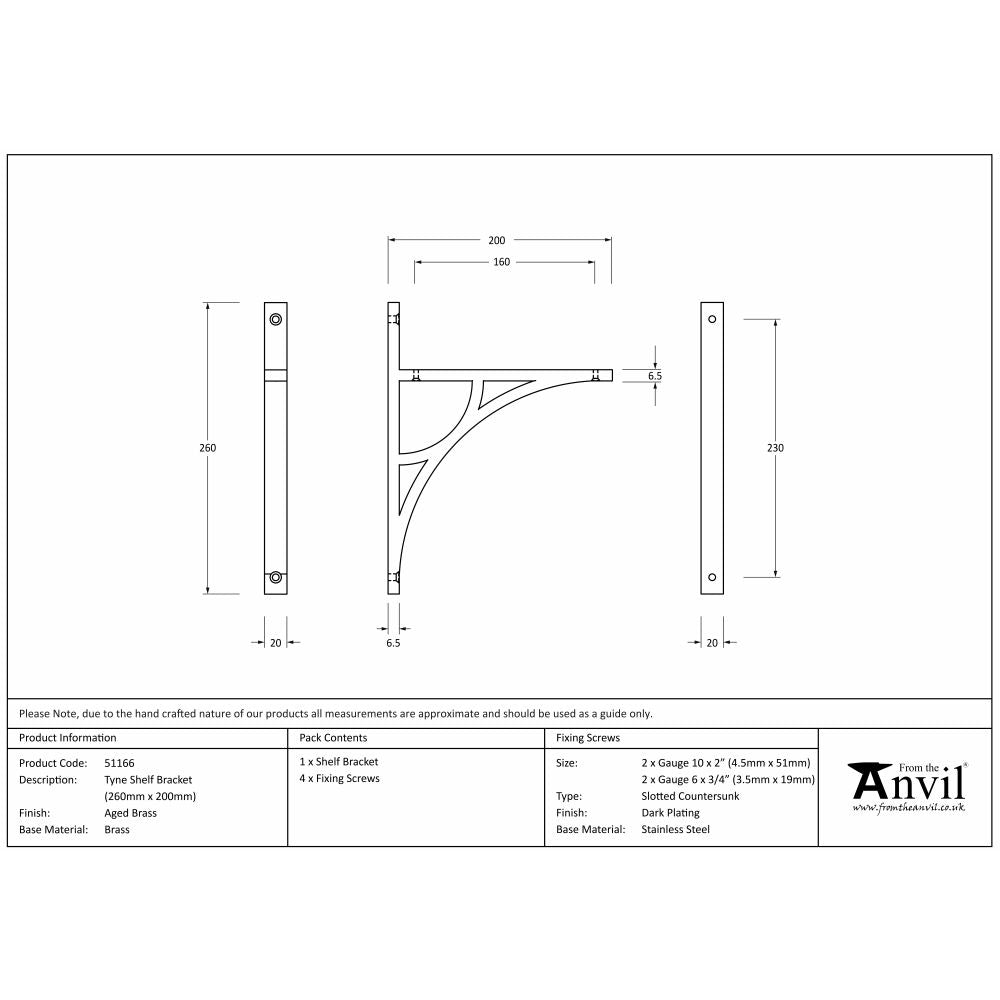 This is an image showing From The Anvil - Aged Brass Tyne Shelf Bracket (260mm x 200mm) available from trade door handles, quick delivery and discounted prices