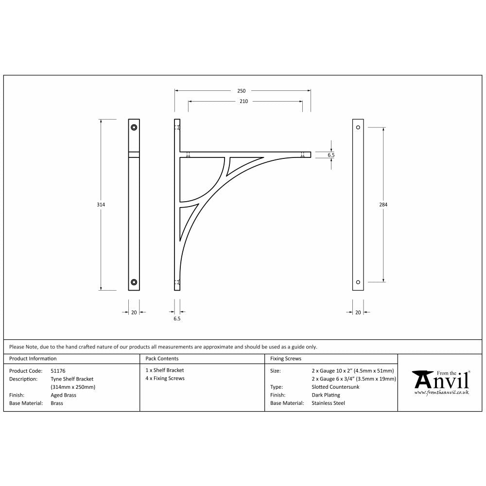 This is an image showing From The Anvil - Aged Brass Tyne Shelf Bracket (314mm x 250mm) available from trade door handles, quick delivery and discounted prices