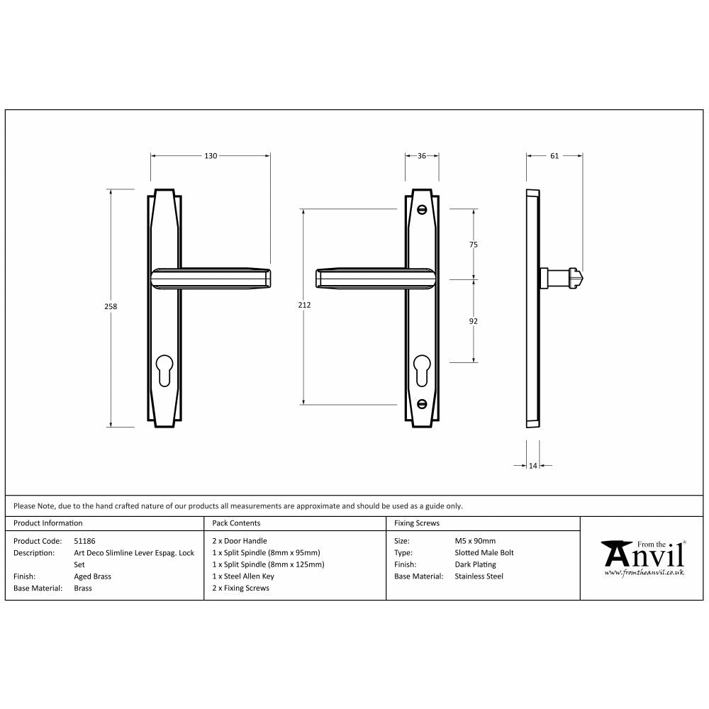 This is an image showing From The Anvil - Aged Brass Art Deco Slimline Lever Espag. Lock Set available from trade door handles, quick delivery and discounted prices