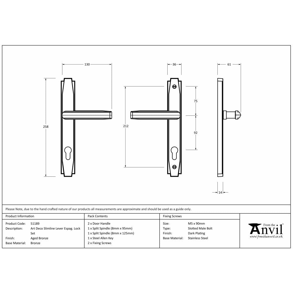 This is an image showing From The Anvil - Aged Bronze Art Deco Slimline Lever Espag. Lock Set available from trade door handles, quick delivery and discounted prices