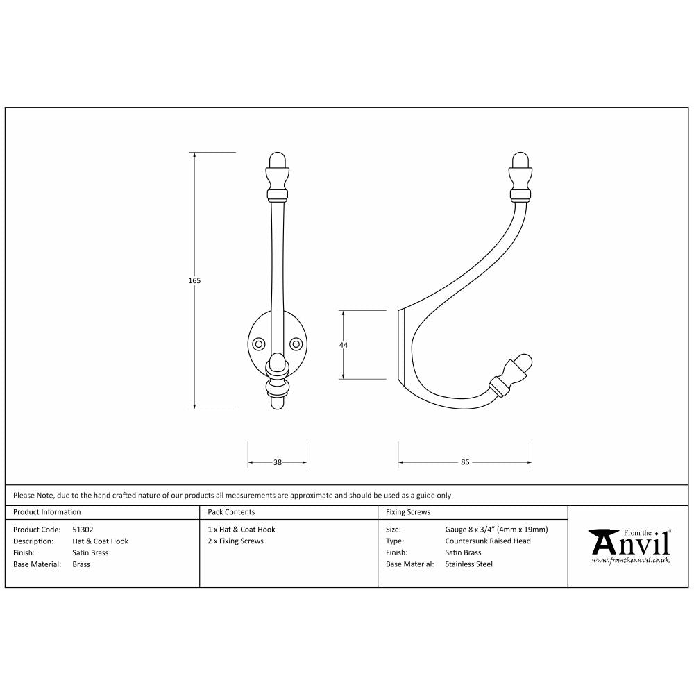 This is an image showing From The Anvil - Satin Brass Hat & Coat Hook available from trade door handles, quick delivery and discounted prices